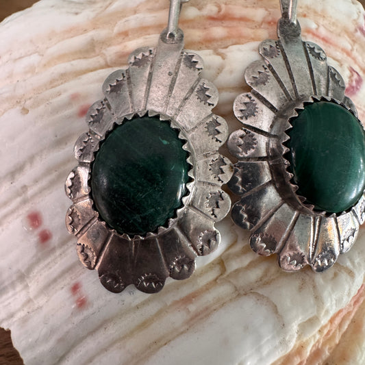 Vintage Navajo Native American Malachite Sterling Silver Earrings