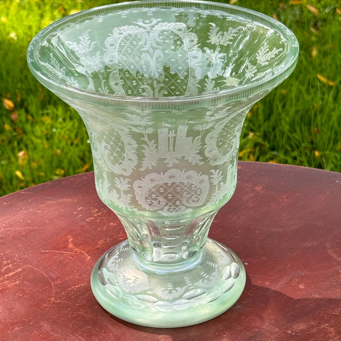 Antique Green Eched Glass Bohemian Vase Castle, Hare & Elk