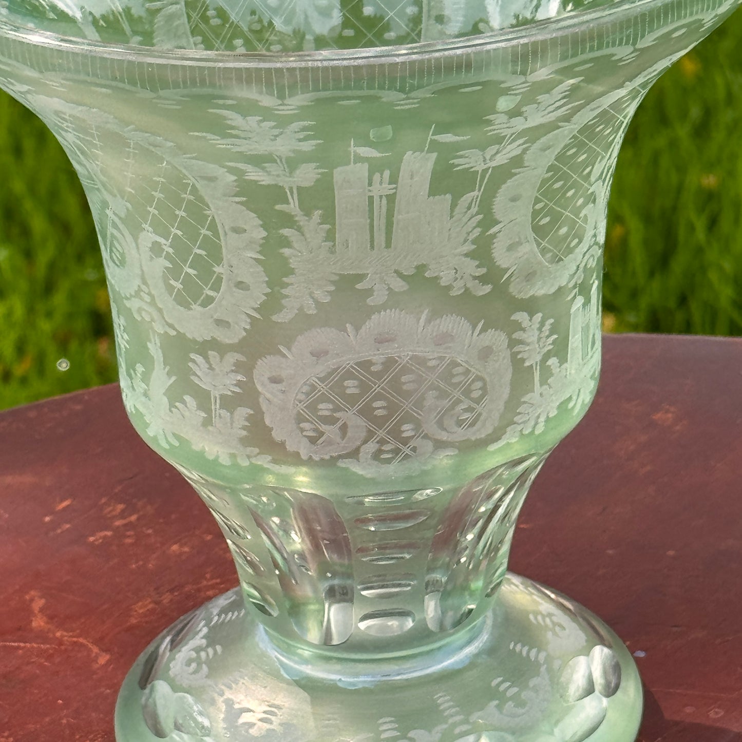 Antique Green Eched Glass Bohemian Vase Castle, Hare & Elk