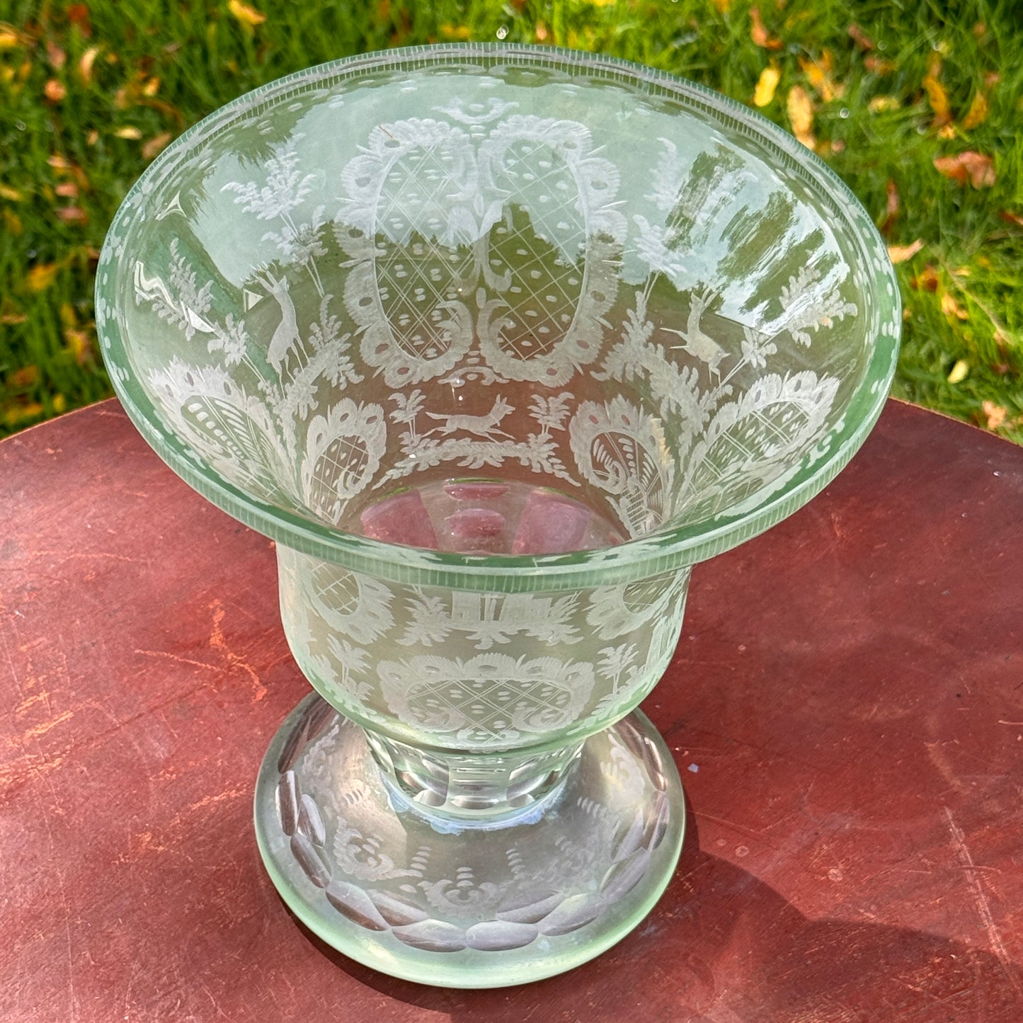 Antique Green Eched Glass Bohemian Vase Castle, Hare & Elk