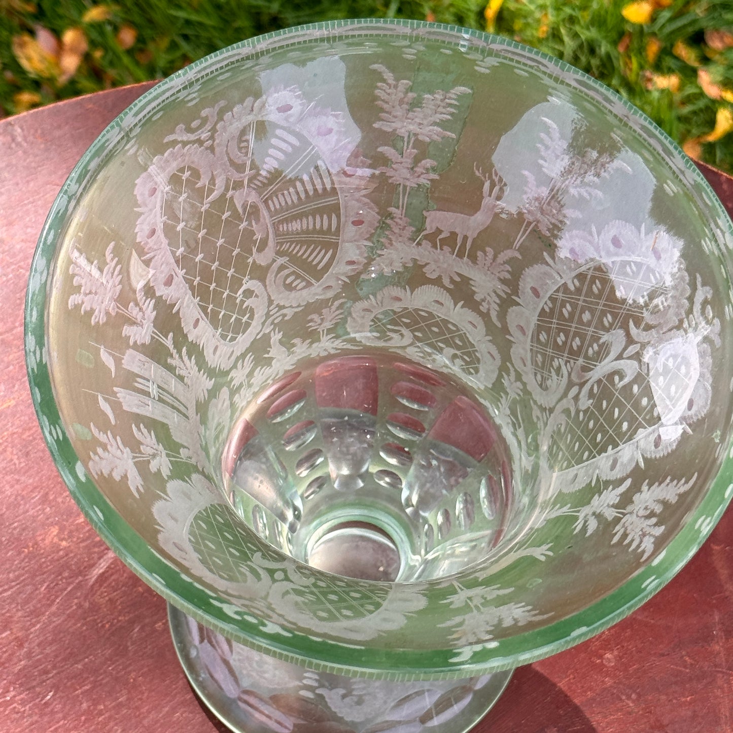 Antique Green Eched Glass Bohemian Vase Castle, Hare & Elk