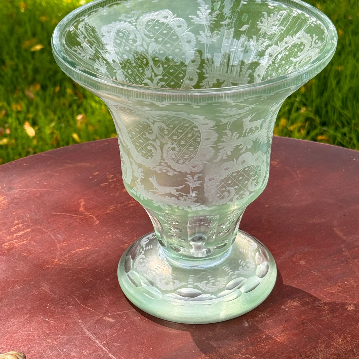 Antique Green Eched Glass Bohemian Vase Castle, Hare & Elk