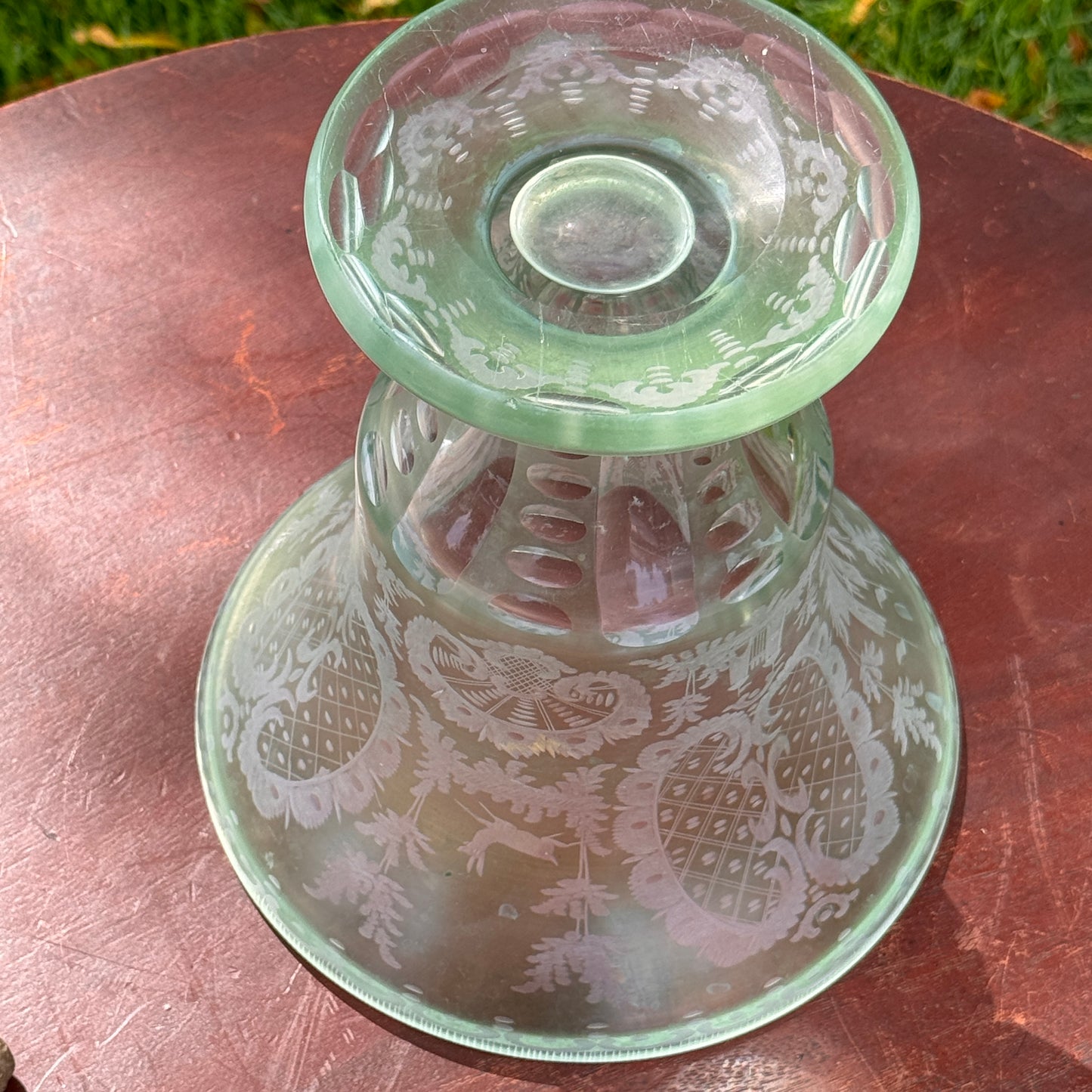 Antique Green Eched Glass Bohemian Vase Castle, Hare & Elk