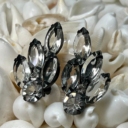 Vintage Japanned Metal & Clear Multi Faceted Rhinestone Earrings