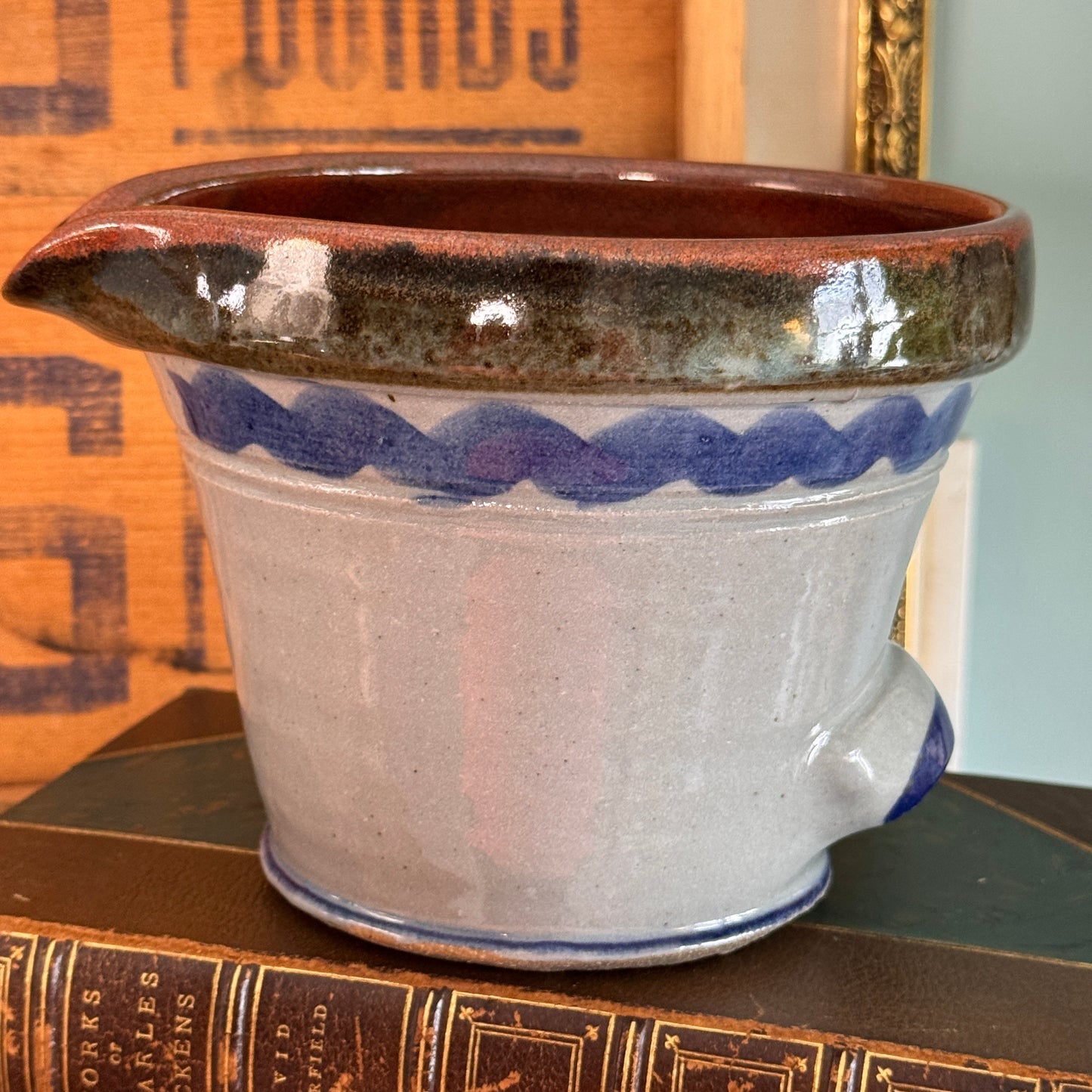 Natick, MA Est 1651 Studio Salt Glazed Stoneware Pottery Batter Bowl