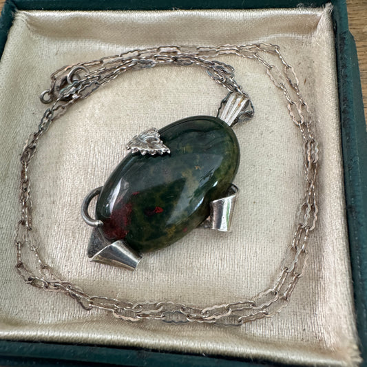 Vintage Sterling Silver Bloodstone Pendant Paperclip Chain Necklace