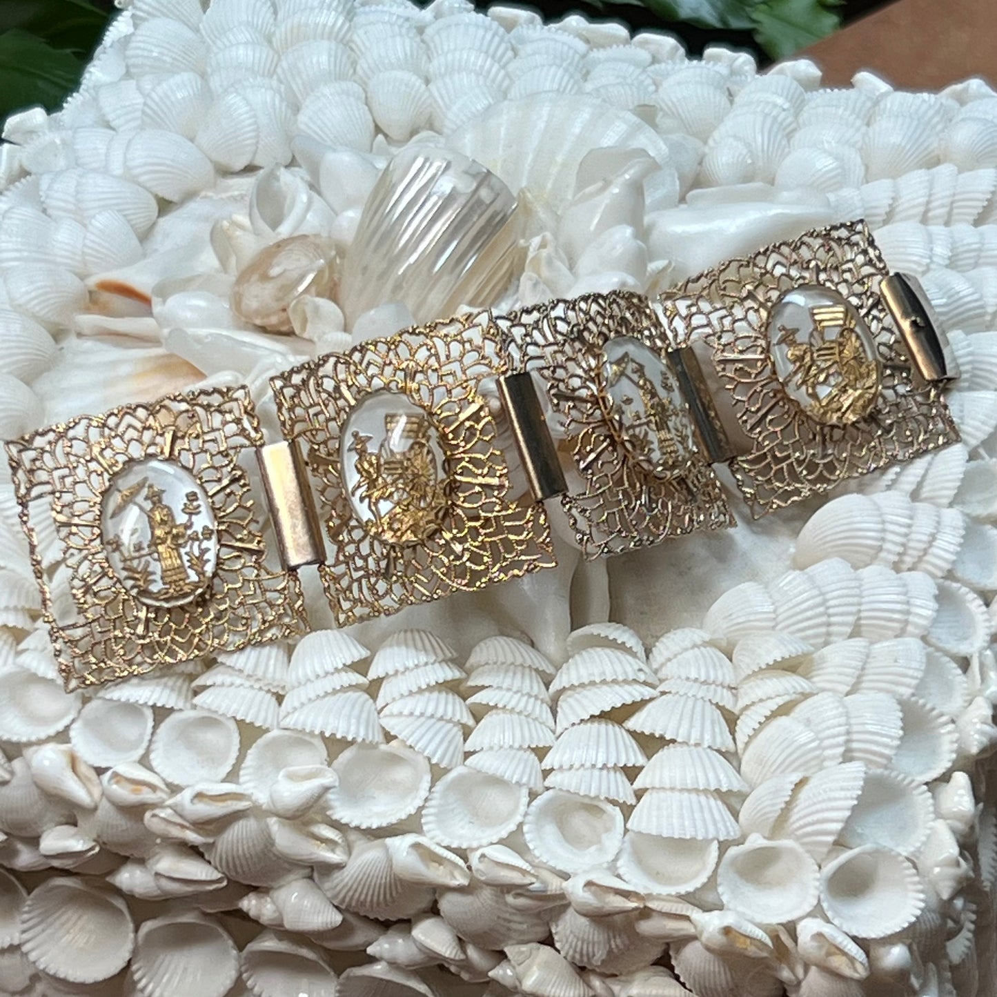 Vintage Chinoiserie Filigree Asian Reverse Carved Glass Bracelet