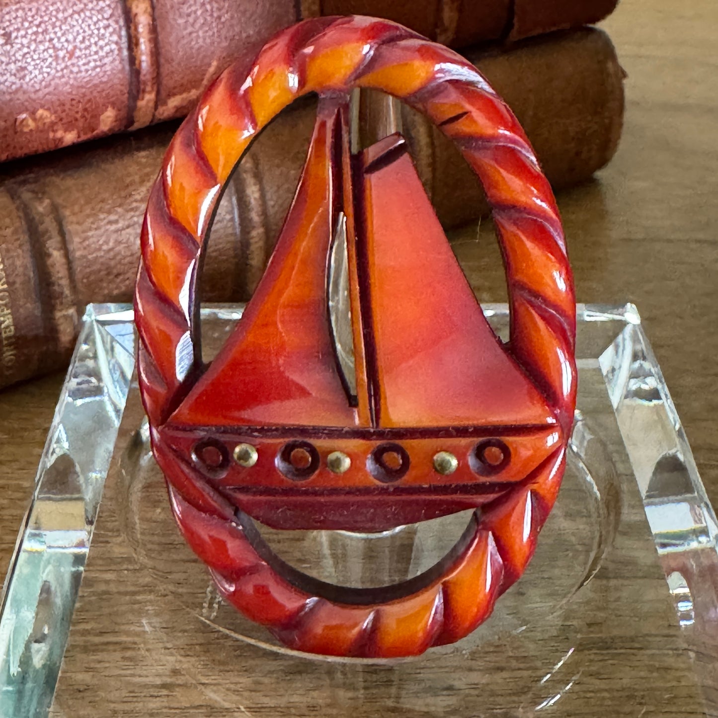 Vintage Red Carved Bakelite Tall Ship Nautical Pin