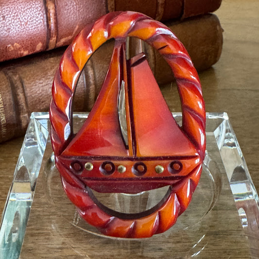 Vintage Red Carved Bakelite Tall Ship Nautical Pin