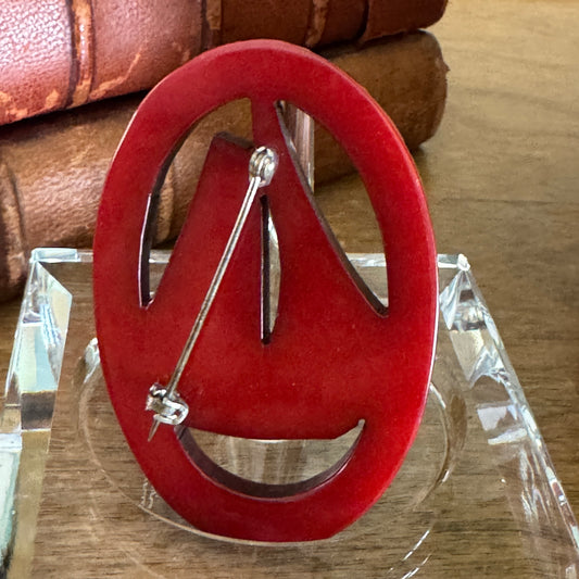 Vintage Red Carved Bakelite Tall Ship Nautical Pin