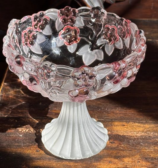Walther Glass Vintage German Frosted Pink Crystal Pedestal Candy Dish — Original Label