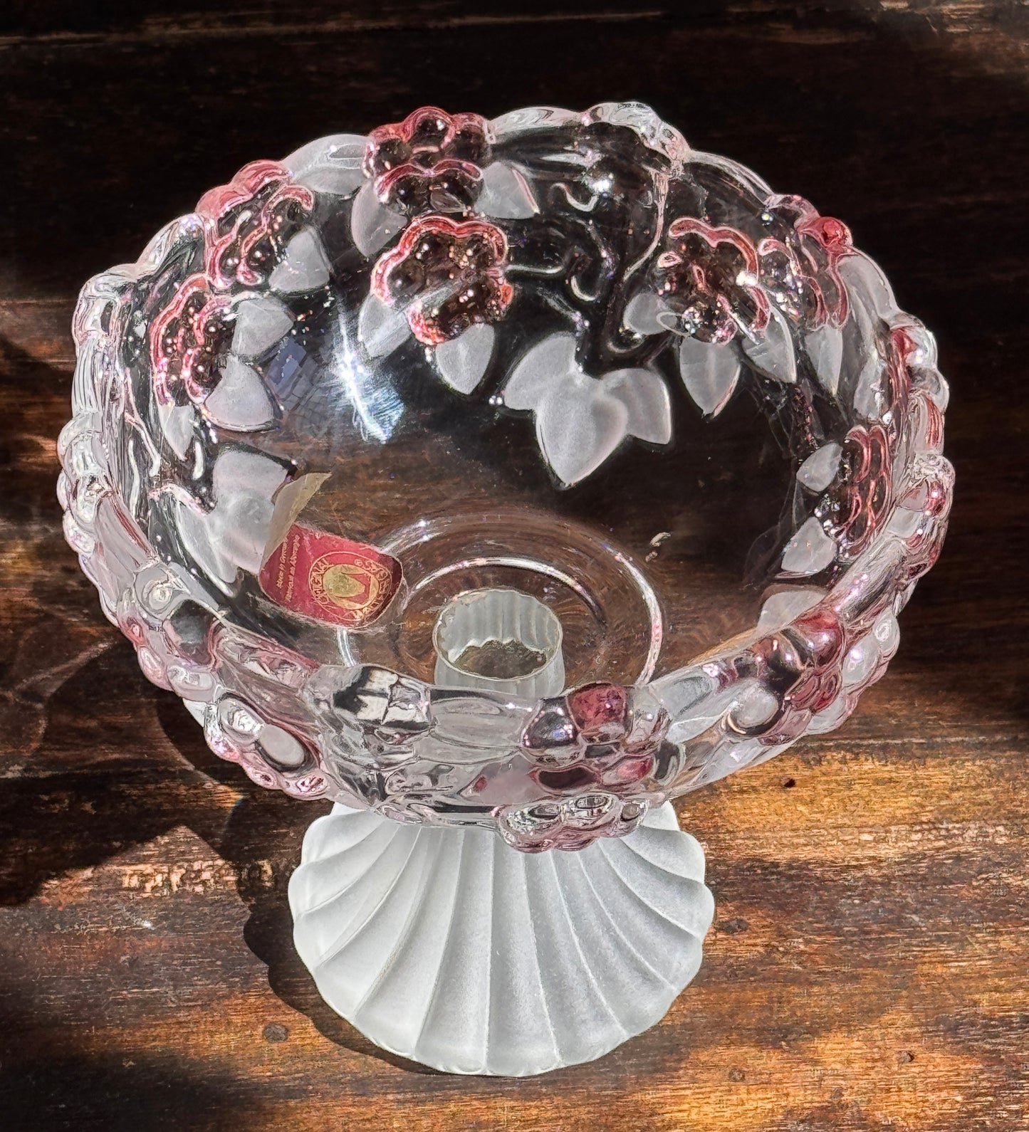 Walther Glass Vintage German Frosted Pink Crystal Pedestal Candy Dish — Original Label