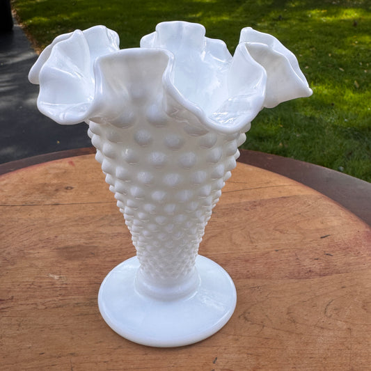 Vintage Fenton White Ruffled Crest Glass Vase