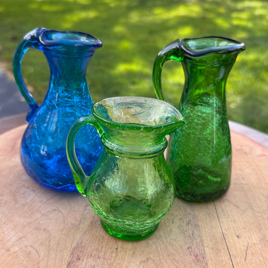 Three Mid Century Modern Green & Blue Crackle Glass Pitcher Vases