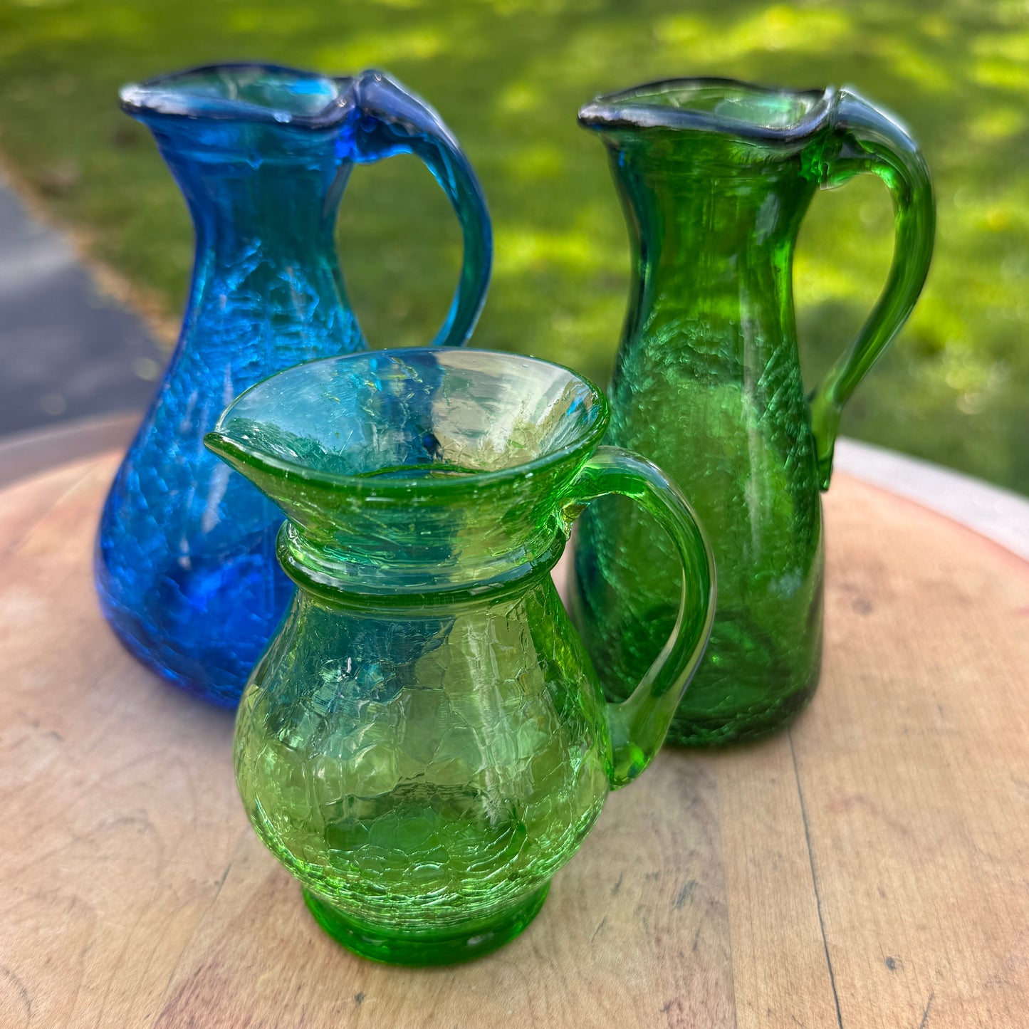 Three Mid Century Modern Green & Blue Crackle Glass Pitcher Vases