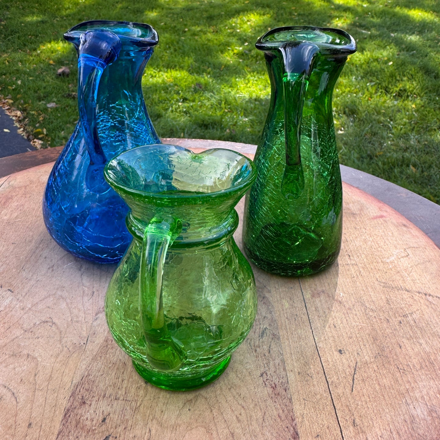 Three Mid Century Modern Green & Blue Crackle Glass Pitcher Vases