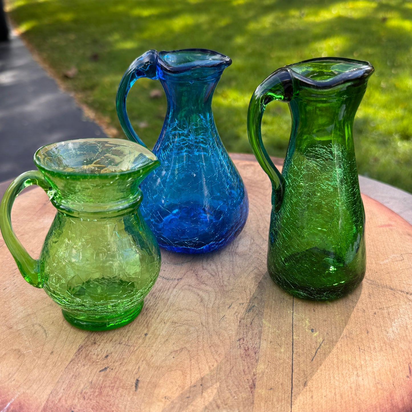 Three Mid Century Modern Green & Blue Crackle Glass Pitcher Vases