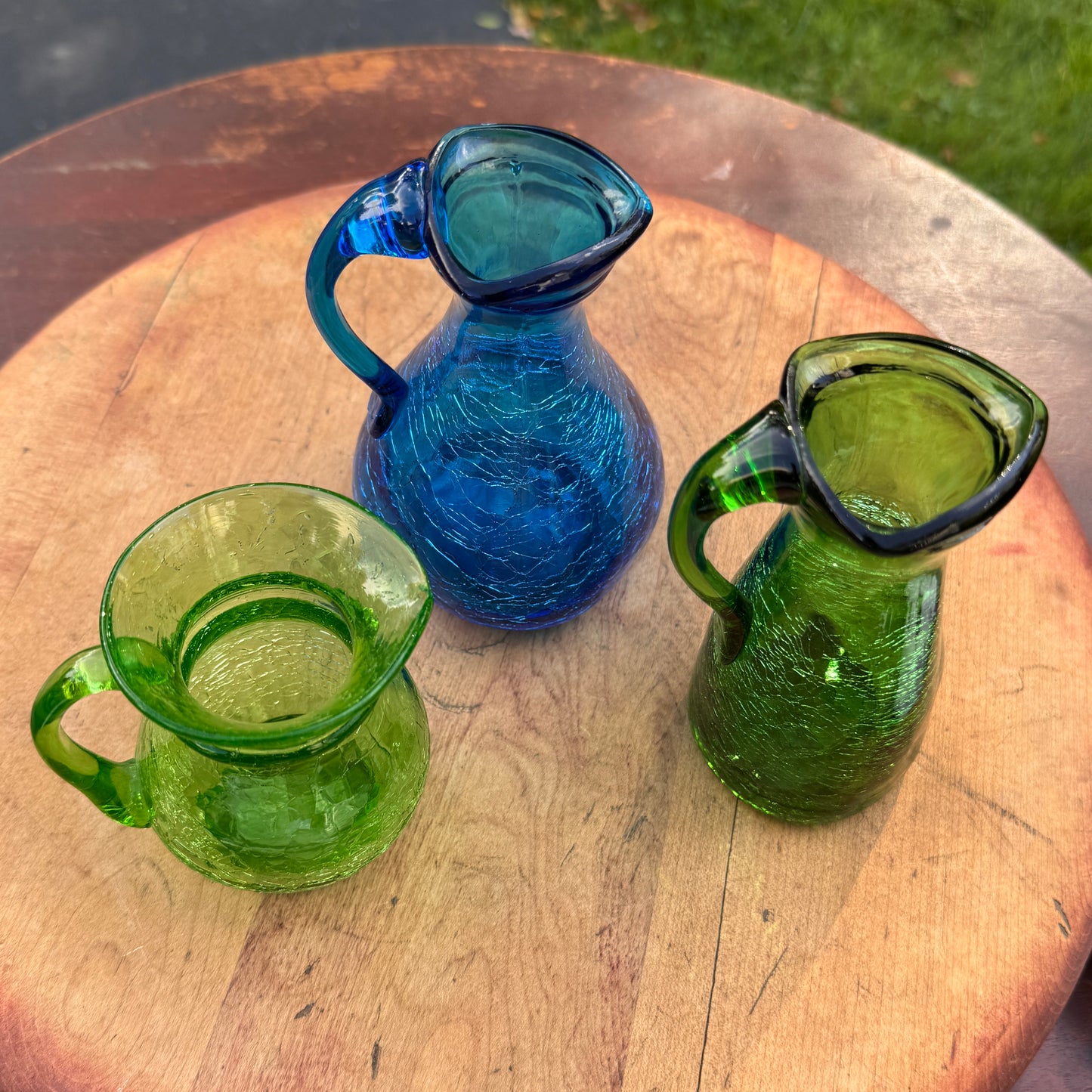 Three Mid Century Modern Green & Blue Crackle Glass Pitcher Vases