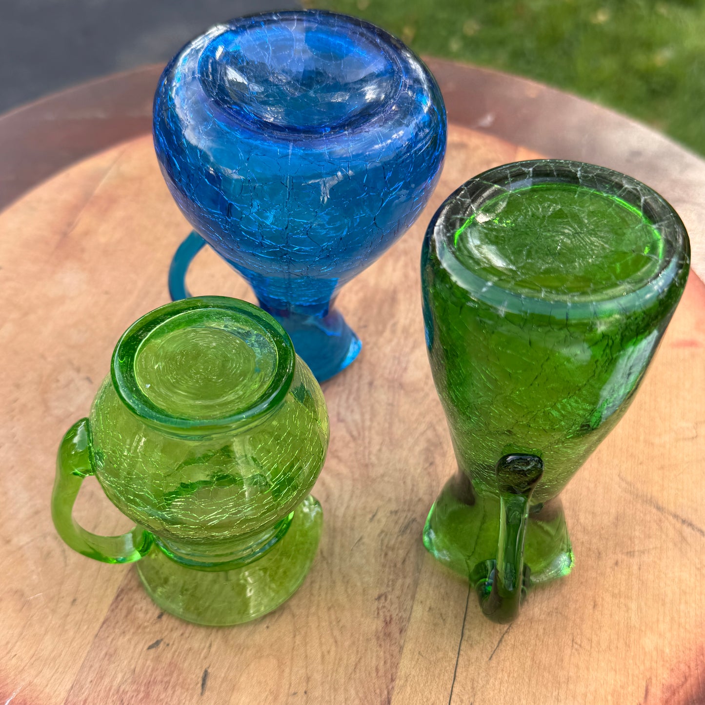 Three Mid Century Modern Green & Blue Crackle Glass Pitcher Vases