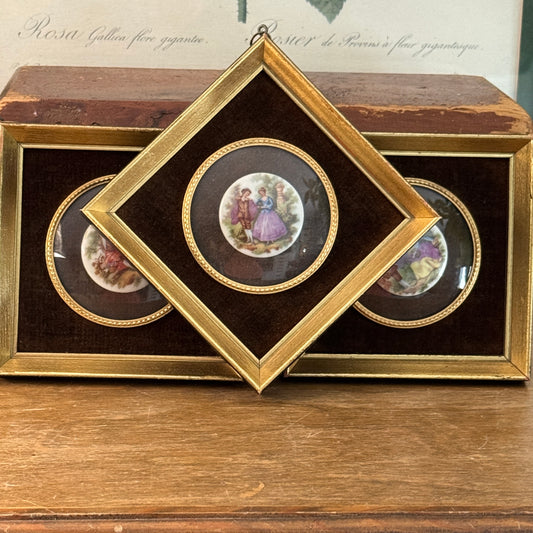 Three French Limoges Fragonard Romantic Couples Cameo Gilt Framed