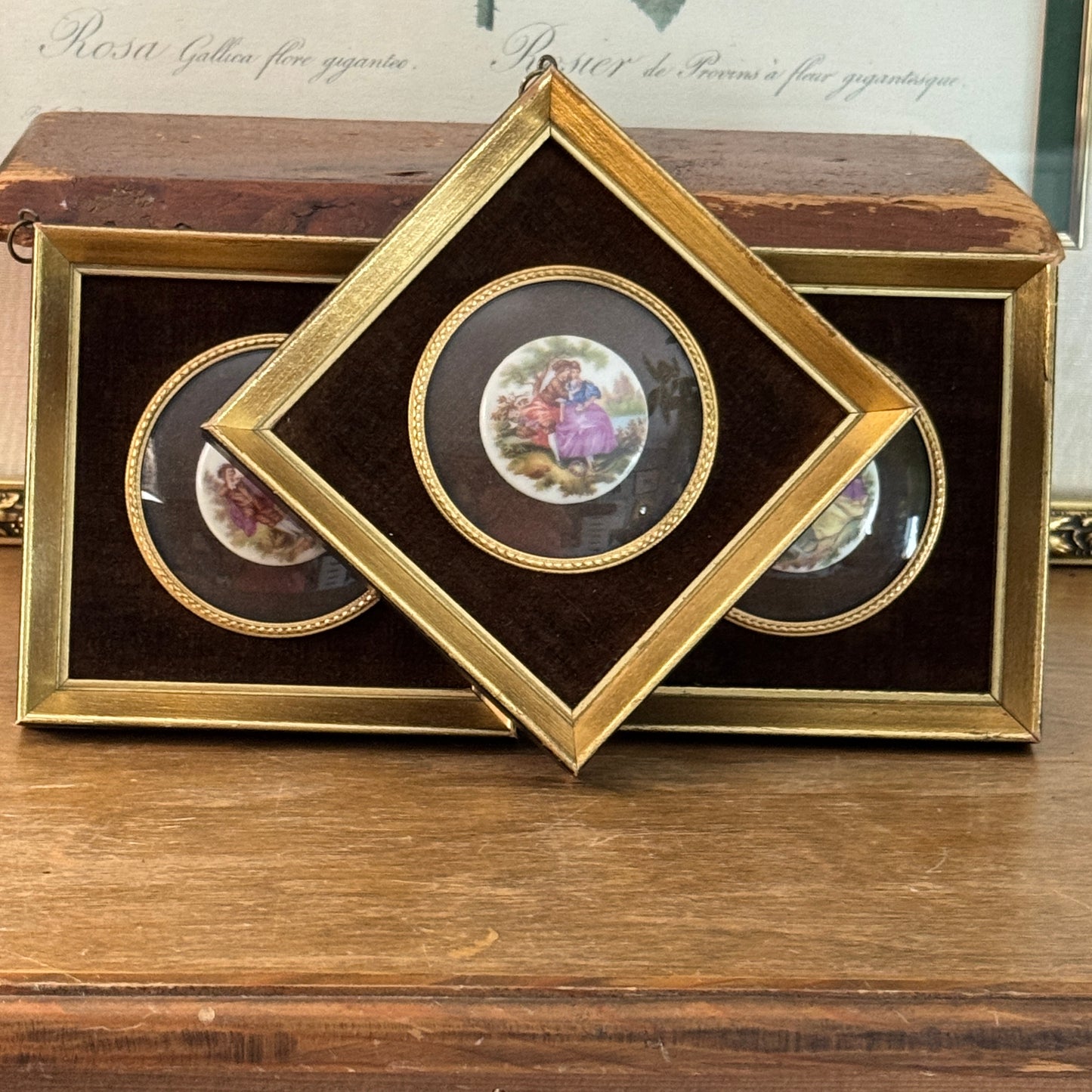 Three French Limoges Fragonard Romantic Couples Cameo Gilt Framed