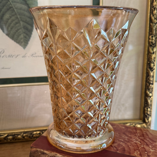 Vintage Sowerby Diamond Pinwheel Peach Carnival Glass Vase
