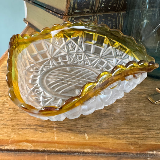 Antique Hobbs Victorian Glass Co Soft Yellow & Frosted Glass Ruffled Edge Dish