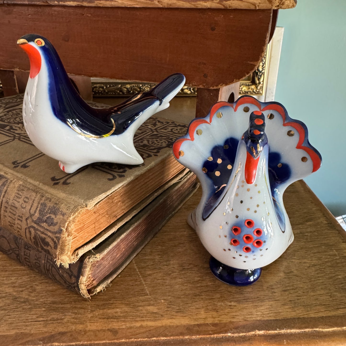 Vintage Russian Lomonosov Peacock Peahen Salt and Pepper Shakers