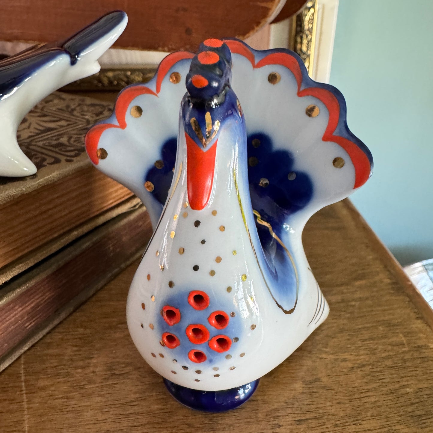 Vintage Russian Lomonosov Peacock Peahen Salt and Pepper Shakers