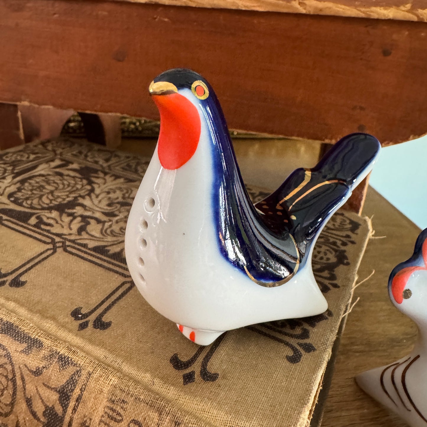 Vintage Russian Lomonosov Peacock Peahen Salt and Pepper Shakers