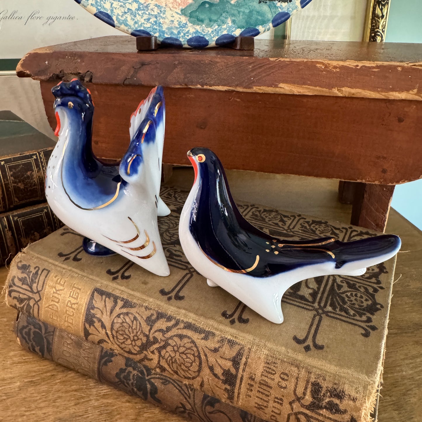 Vintage Russian Lomonosov Peacock Peahen Salt and Pepper Shakers