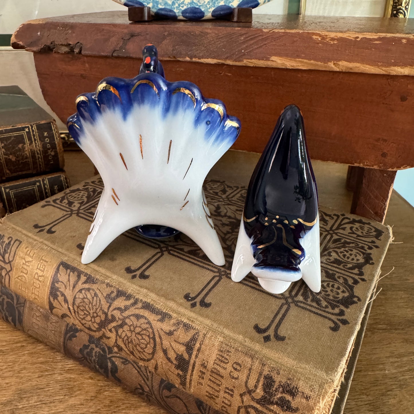 Vintage Russian Lomonosov Peacock Peahen Salt and Pepper Shakers