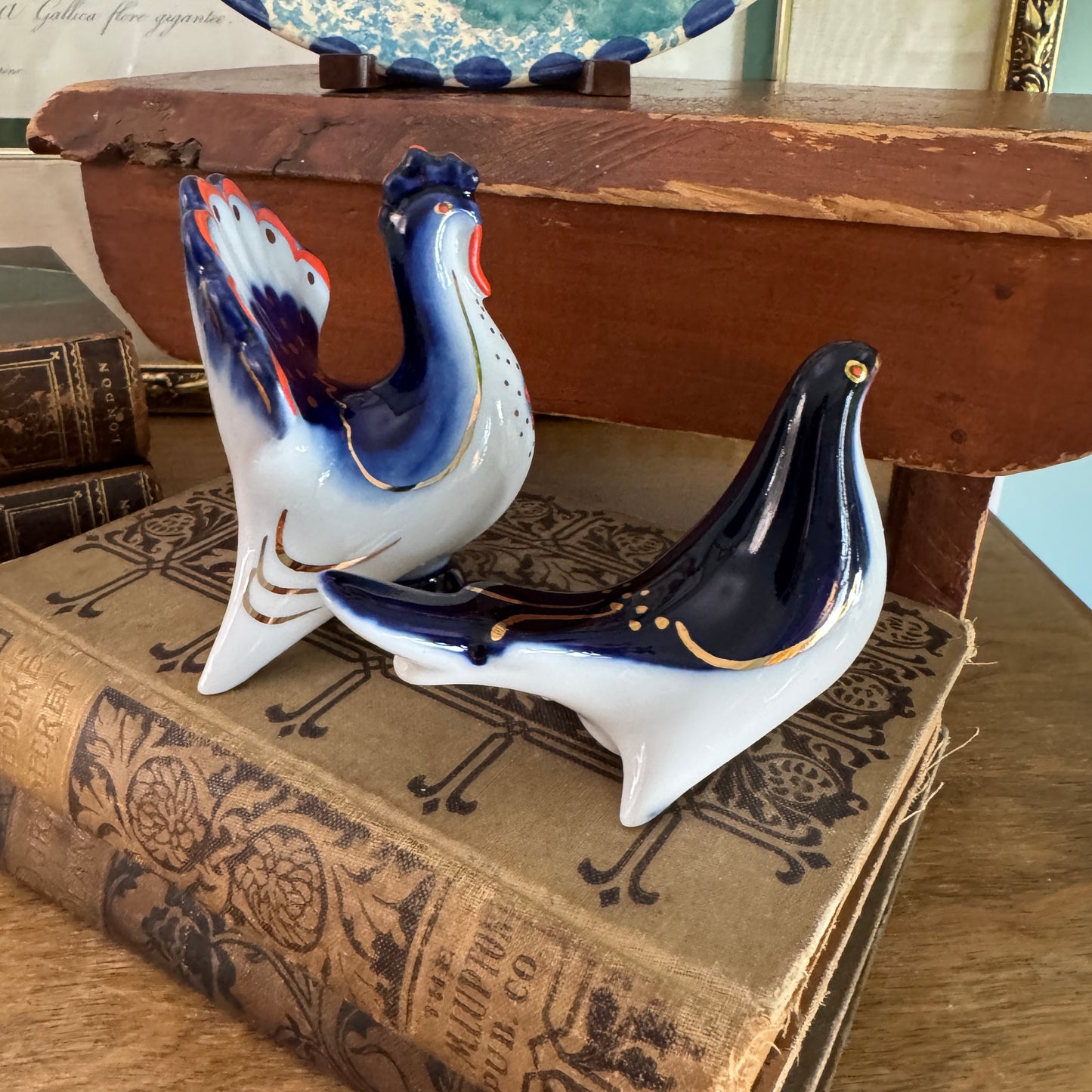 Vintage Russian Lomonosov Peacock Peahen Salt and Pepper Shakers