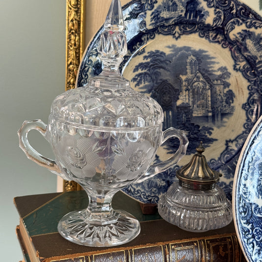 American Brilliant Cut Glass Double Handled Floral Covered Sugar Bowl