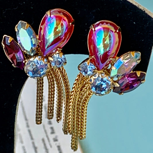 Vintage Dangling Red, Purple and Blue Rhinestone Earrings