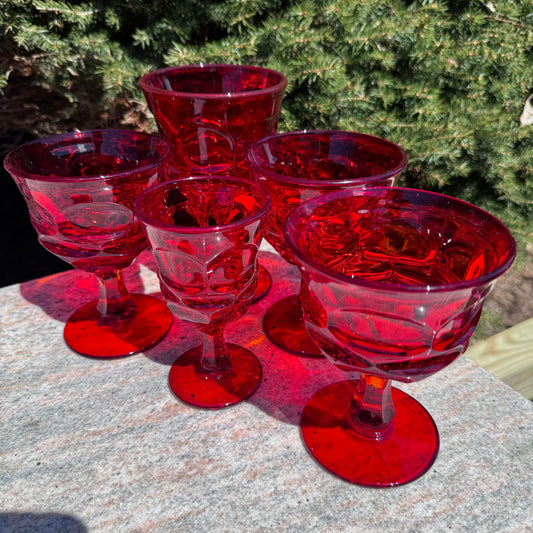 5 Fostoria Henry Ford Museum Red Argus Goblets, Sherbet, & Wine Glasses