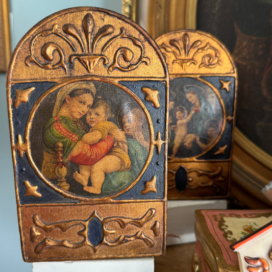 Vintage Pair of Italian Raphael's Madonna Of The Chair & Dell'Impannata Gilt Book Ends