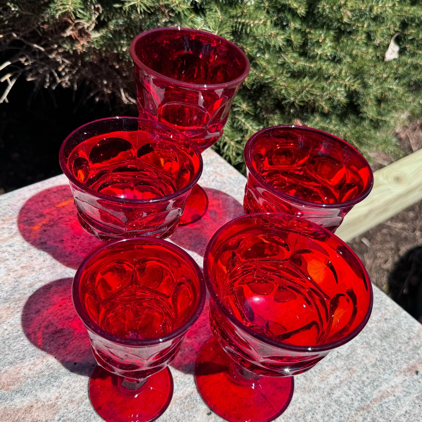 5 Fostoria Henry Ford Museum Red Argus Goblets, Sherbet, & Wine Glasses