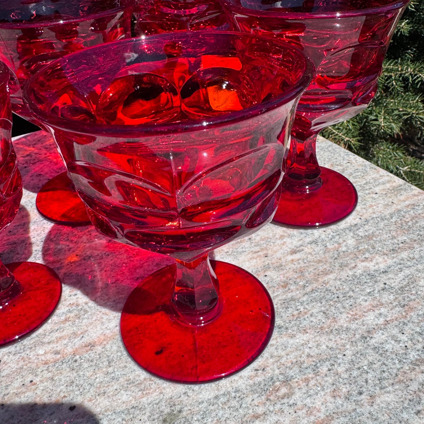 5 Fostoria Henry Ford Museum Red Argus Goblets, Sherbet, & Wine Glasses