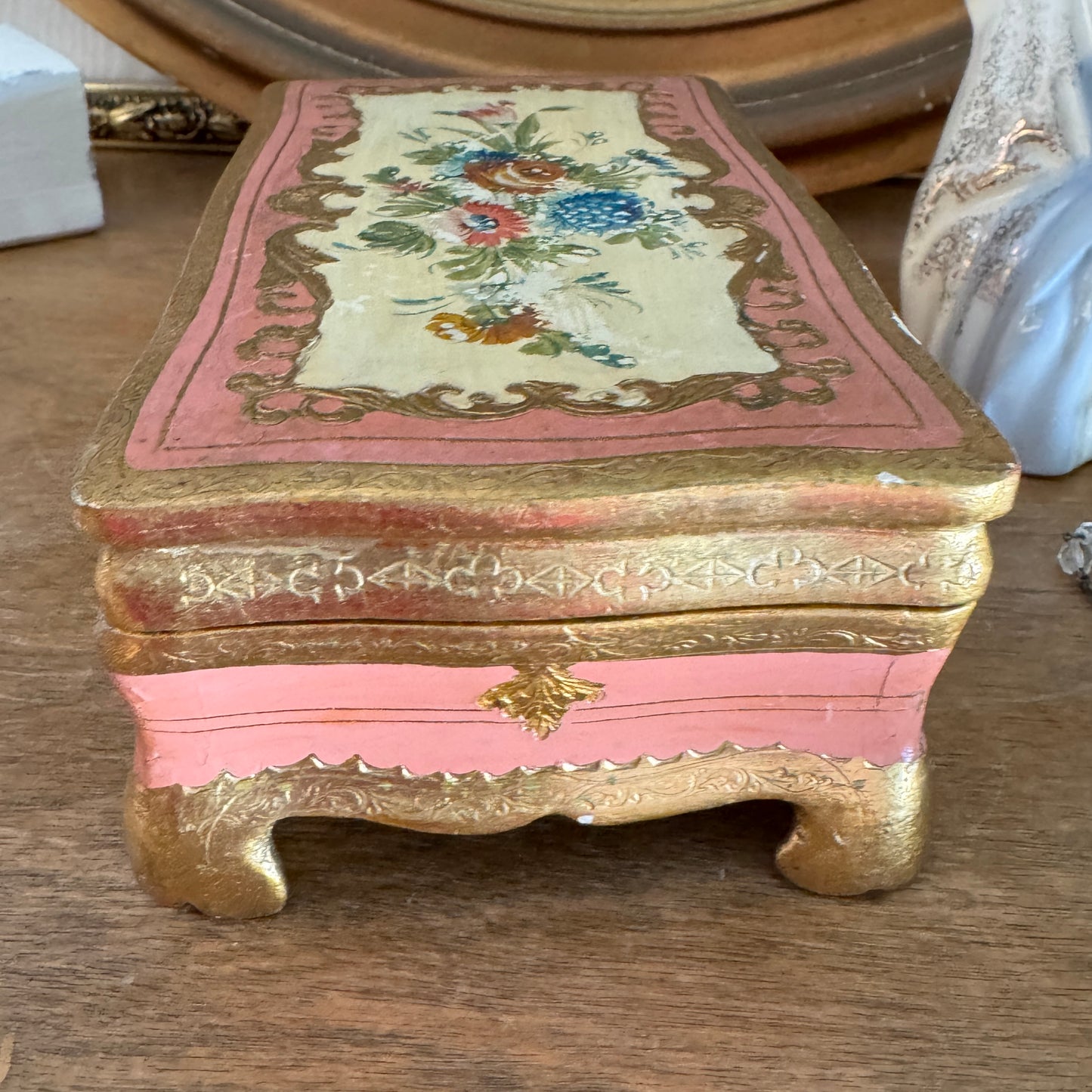 Vintage Italian Gilt & Pink Handpainted Floral Footed Wooden Box