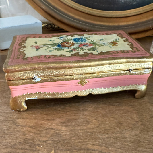 Vintage Italian Gilt & Pink Handpainted Floral Footed Wooden Box