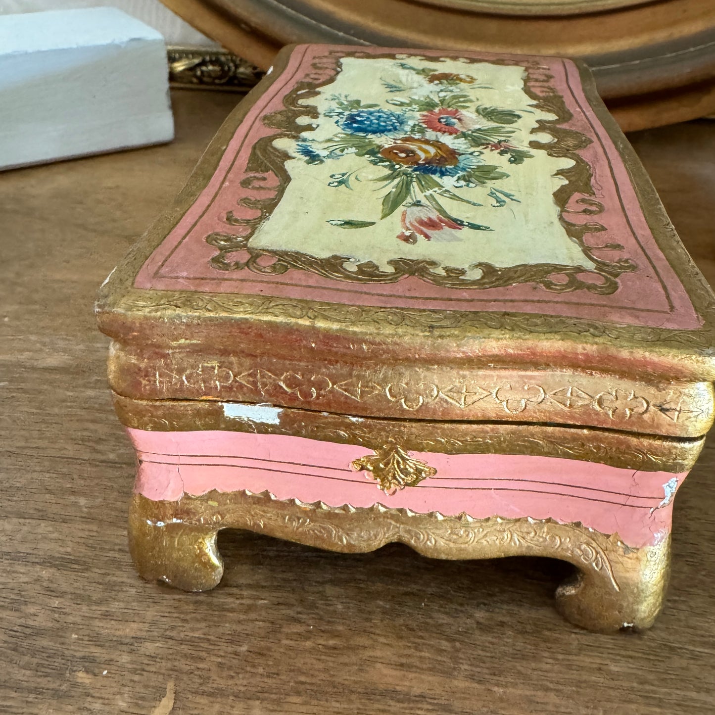 Vintage Italian Gilt & Pink Handpainted Floral Footed Wooden Box
