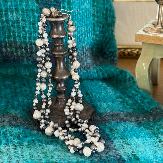 Vintage NAAN Sterling Silver Triple Strand Freshwater Pearl Necklace