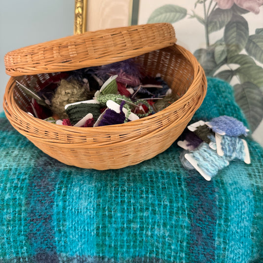 Vintage Woven Split Bamboo Covered Sewing Basket and 80 Art Yarn Bundles