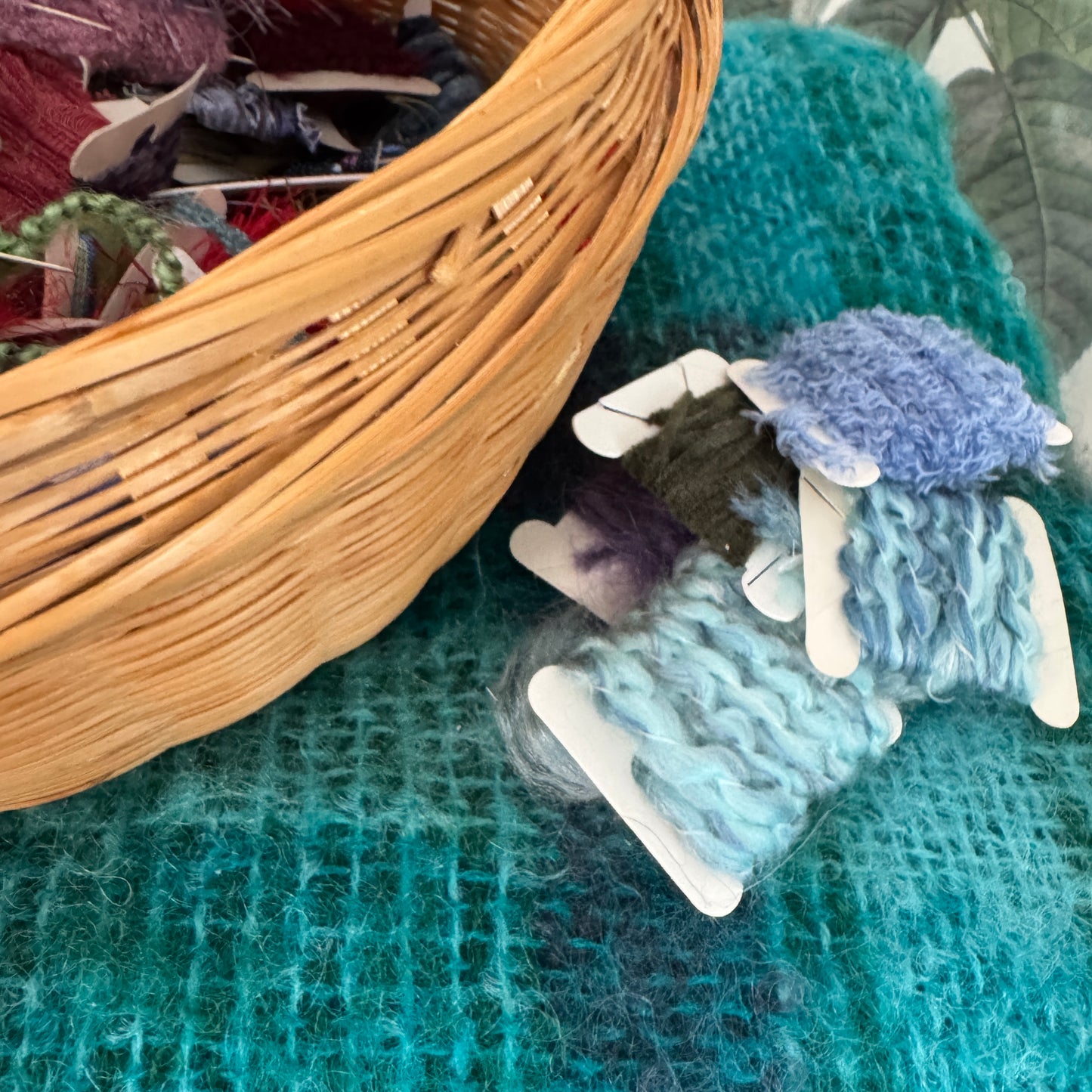 Vintage Woven Split Bamboo Covered Sewing Basket and 80 Art Yarn Bundles