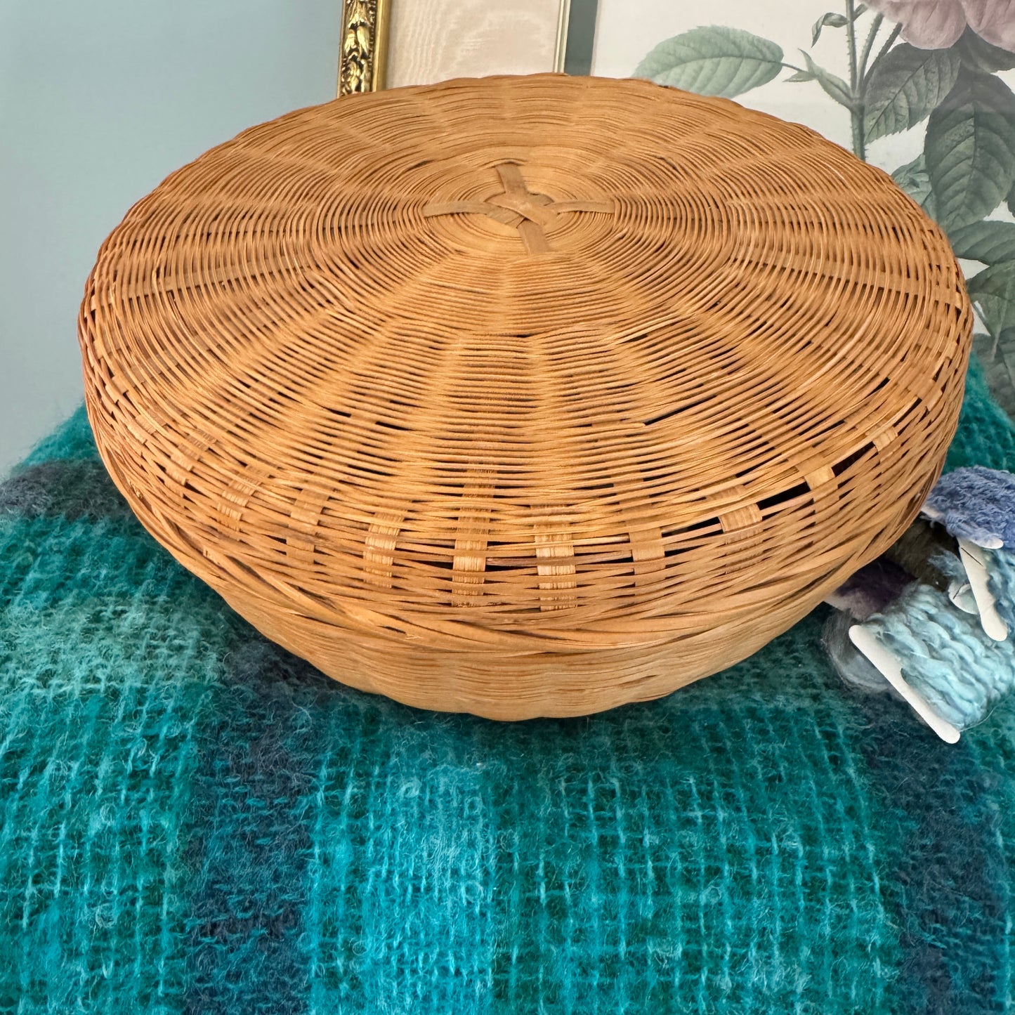 Vintage Woven Split Bamboo Covered Sewing Basket and 80 Art Yarn Bundles