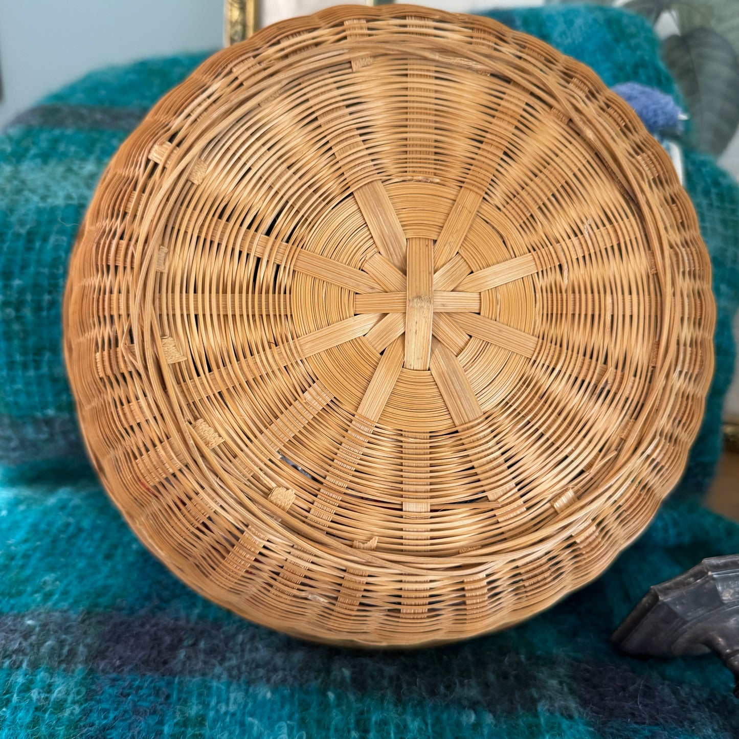 Vintage Woven Split Bamboo Covered Sewing Basket and 80 Art Yarn Bundles