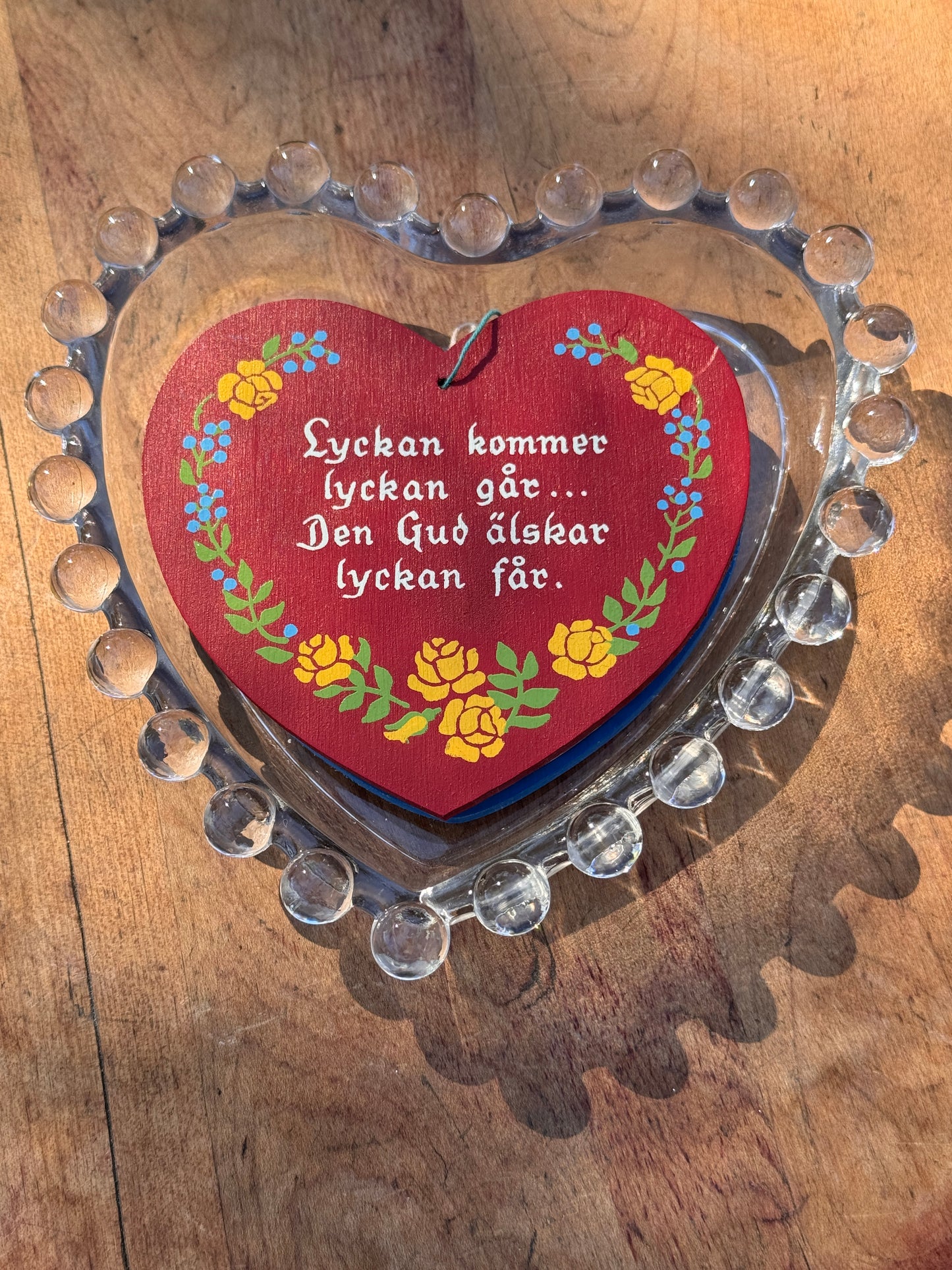 Vintage Candlewick Heart Dish & Three Swedish Children's Prayer Heart Ornaments