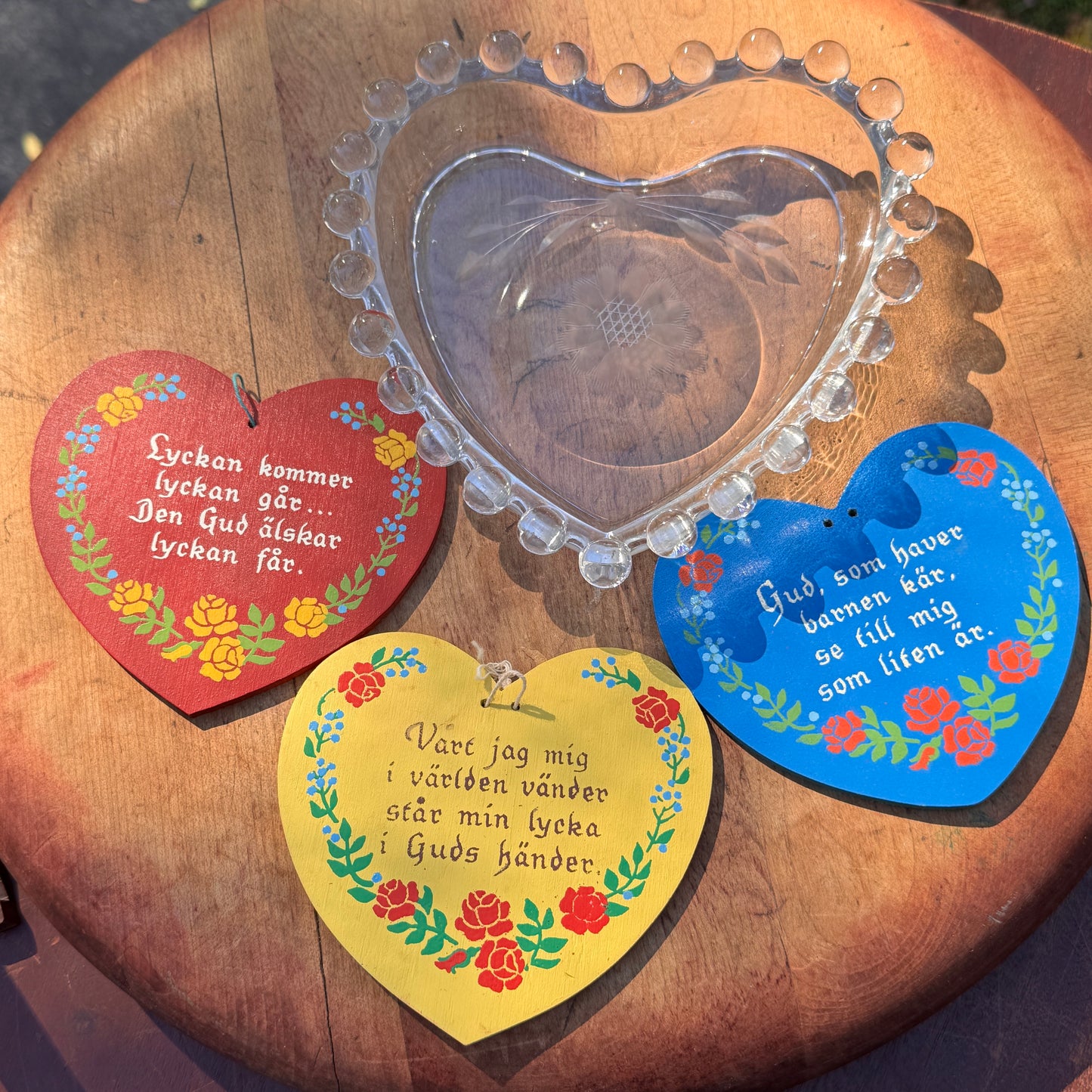 Vintage Candlewick Heart Dish & Three Swedish Children's Prayer Heart Ornaments