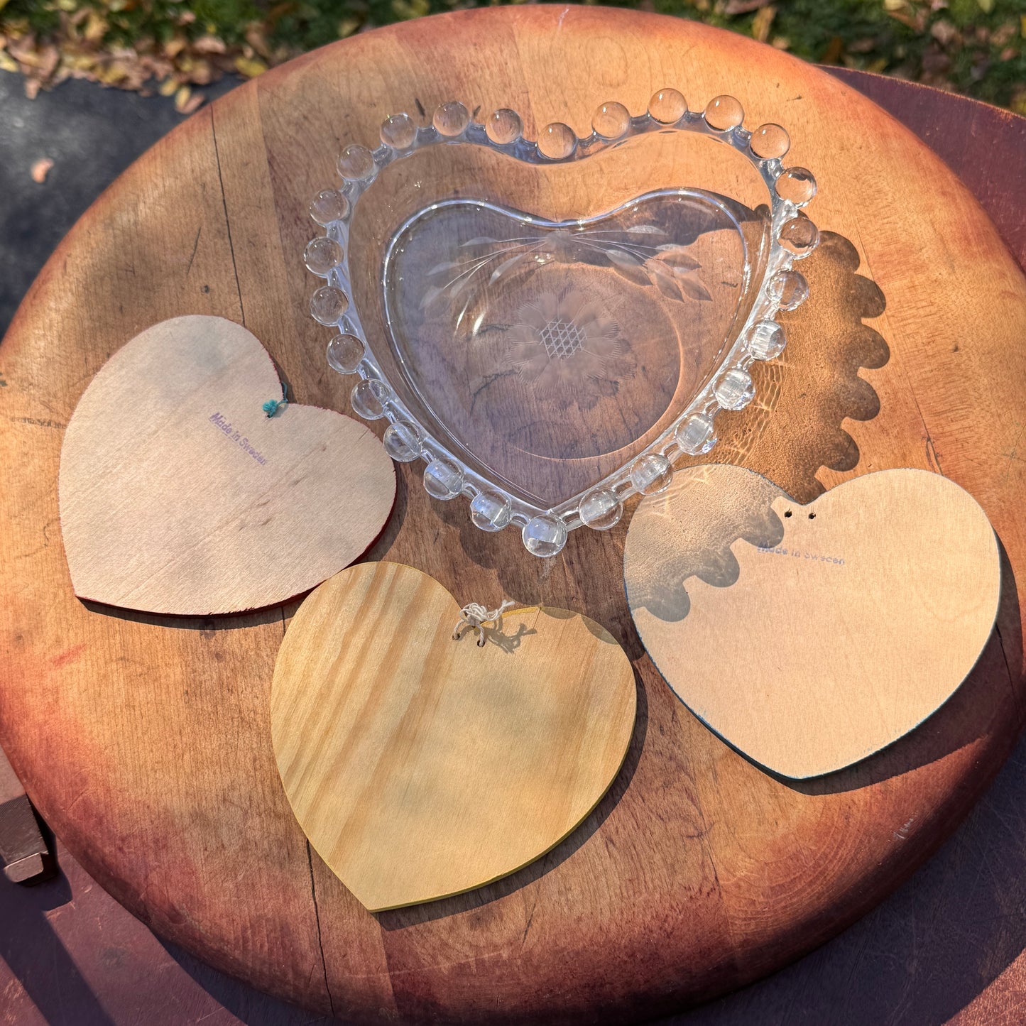 Vintage Candlewick Heart Dish & Three Swedish Children's Prayer Heart Ornaments